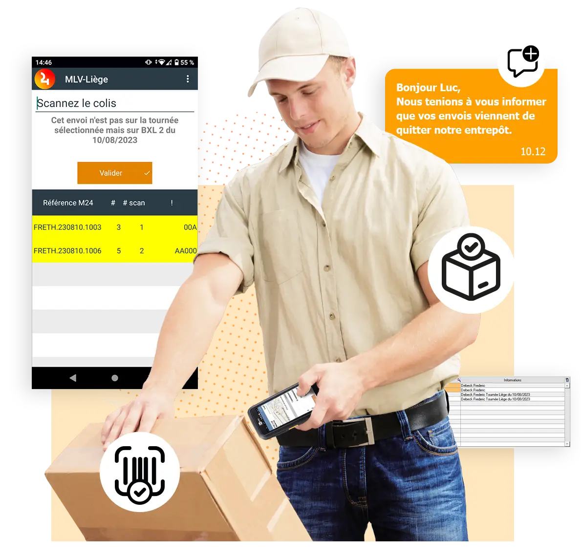 Mess24 Mise en livraison Livreur qui scanne un colis avec un scanner et logiciel de livraison pour société de transport