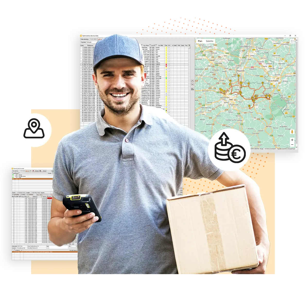 Mess24 tournées Livreur avec un colis et un scanner ravi de son logiciel de livraison pour société de transport