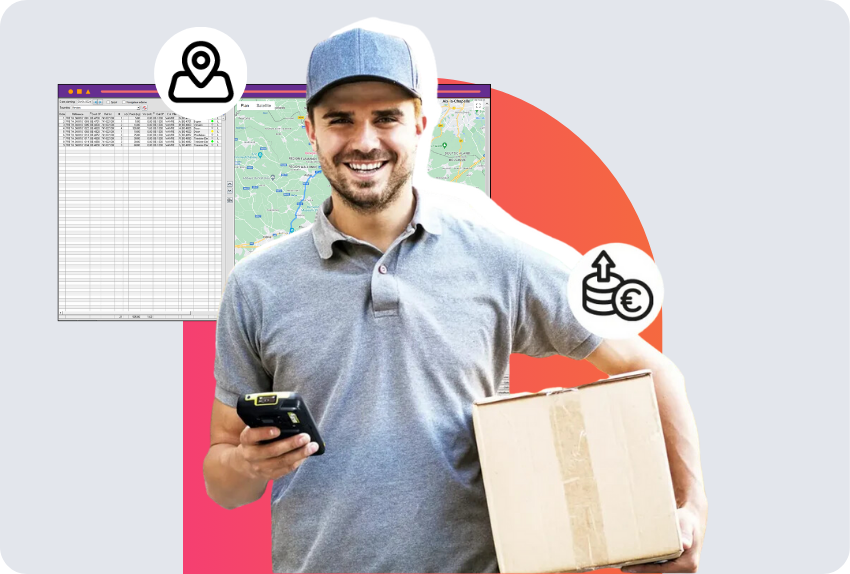 Stopack mobile (10) Livreur avec un colis et un scanner ravi de son logiciel de livraison pour société de transport